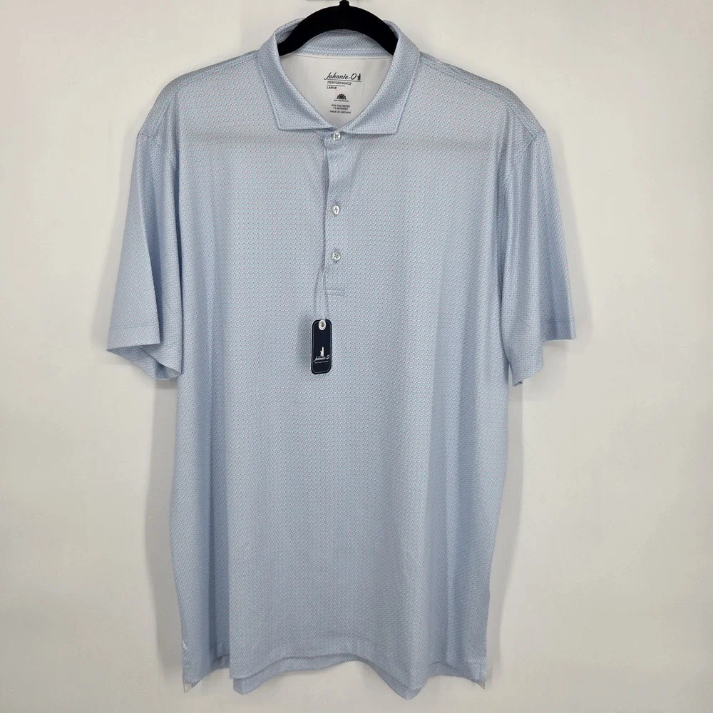 NEW Johnnie-O Performance Julio Polo Mens Large Malibu Blue Geometric AOP NWT